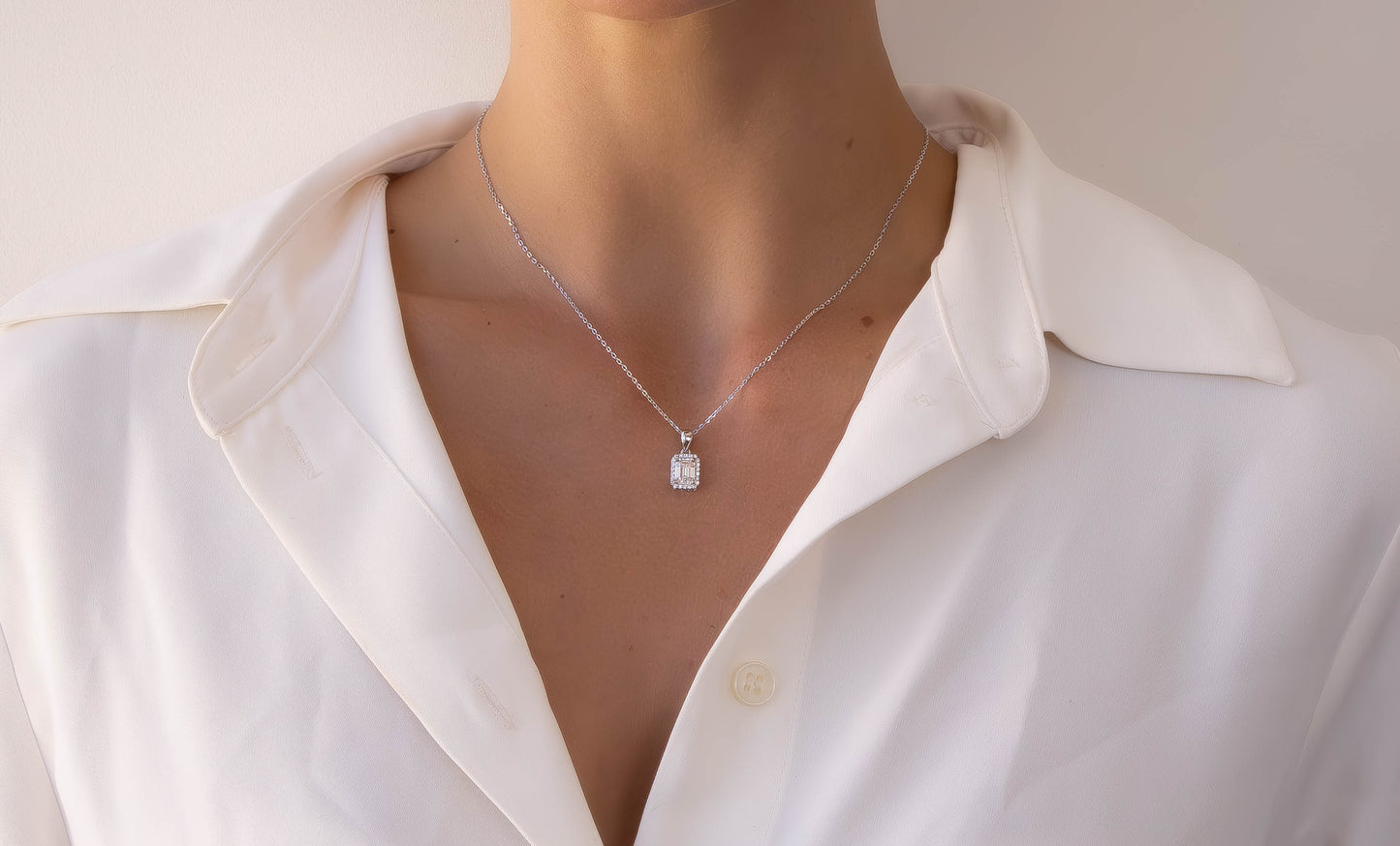 Moissanite Emerald Cut Halo Necklace