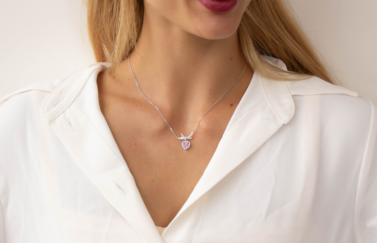 Moissanite Pink Bow Heart Necklace